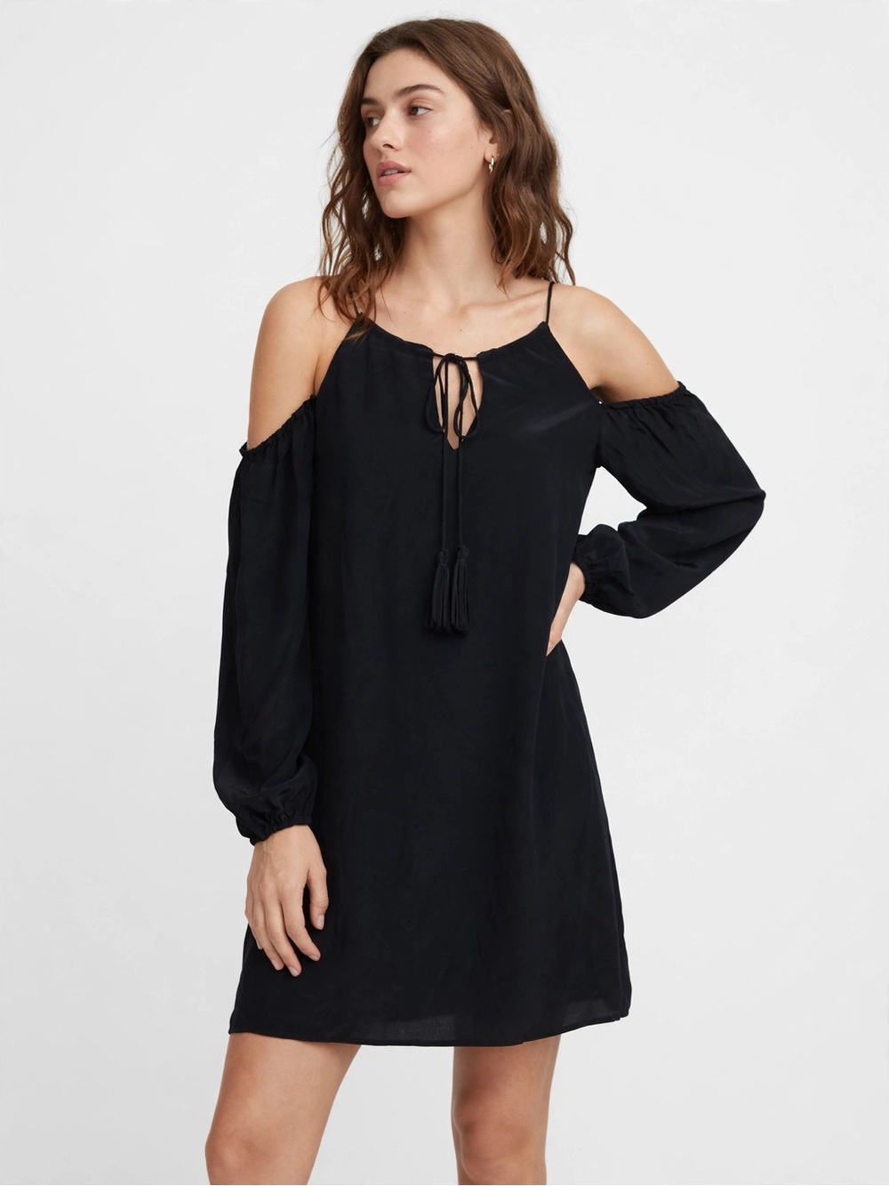 Lavender Brown Black Silk Cold Shoulder Tassel Shift Dress S Boho Minimalist